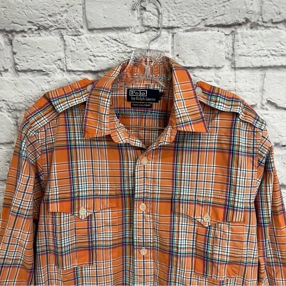 POLO RALPH LAUREN Trim Military LS Button Front Plaid Shirt Pastel mens medium - Picture 2 of 7